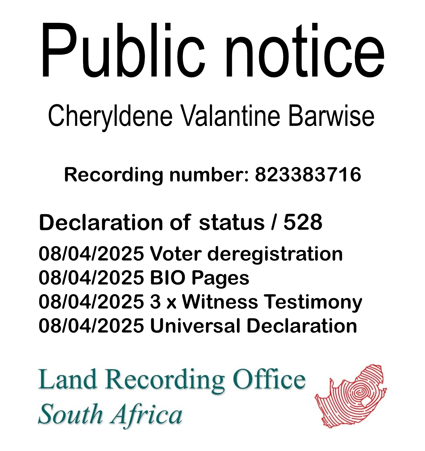 Public Notice Cheryldene Valantine Barwise (c) Recording number 823383716